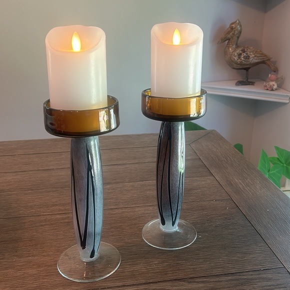 Handblown Amber candleholders. 10 inches tall by 4 inches wide. - Picture 1 of 7
